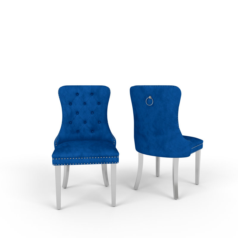 Tufted Velvet Upholstered Wingback  Dining Chair, Silver, Blue