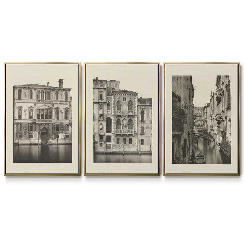 "Vintage Views of Venice I", ensemble de 3 pièces encadrées sur toile, Or, H 40 po x l 78 po
