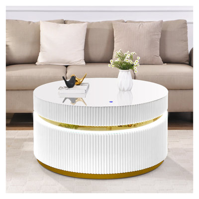 Table basse ronde blanche Tavita 39 po avec dessus en verre, base cannelée et éclairage DEL intégré