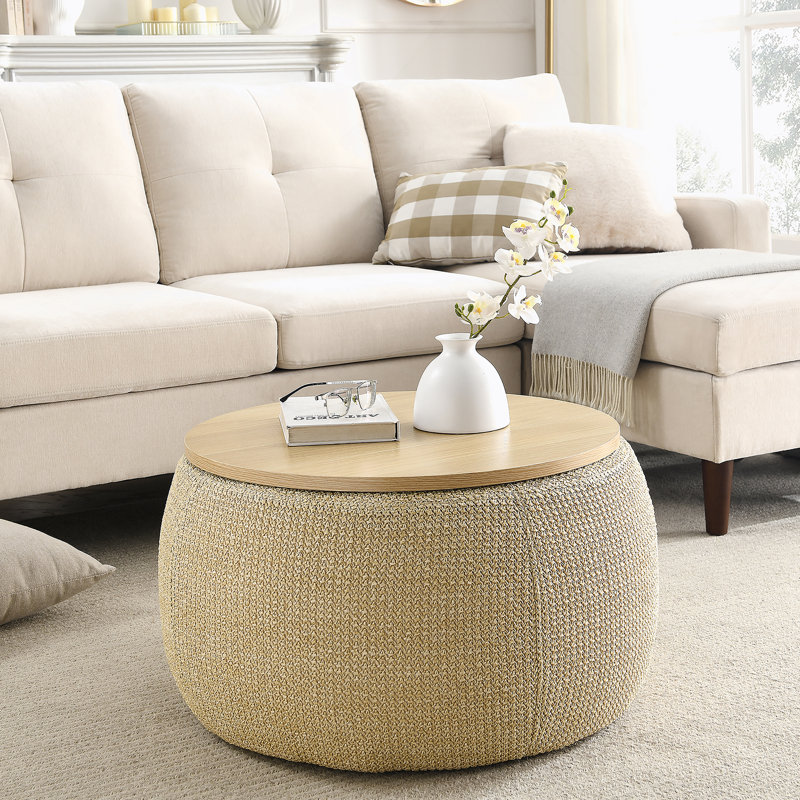 Repose-pieds rond avec rangement, fonction 2 en 1, table de bout et repose-pieds, Naturel