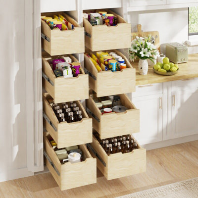 Étagère de rangement coulissante en bois avec fermeture à glissière, rails à pleine extension pour tablettes coulissantes, pour organiser les armoires de cuisine et le rangement du garde-manger.