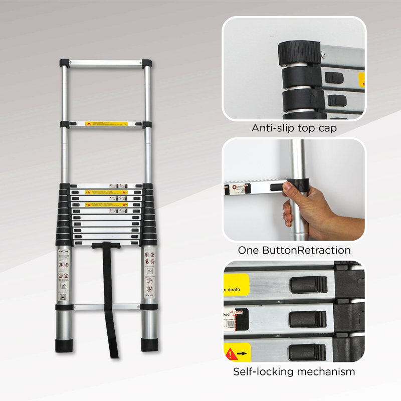 Échelle télescopique, échelle d'extension télescopique, échelle pliante en alliage d'aluminium portable multi-usages pour le travail intérieur et extérieur, charge robuste de 300 lb
