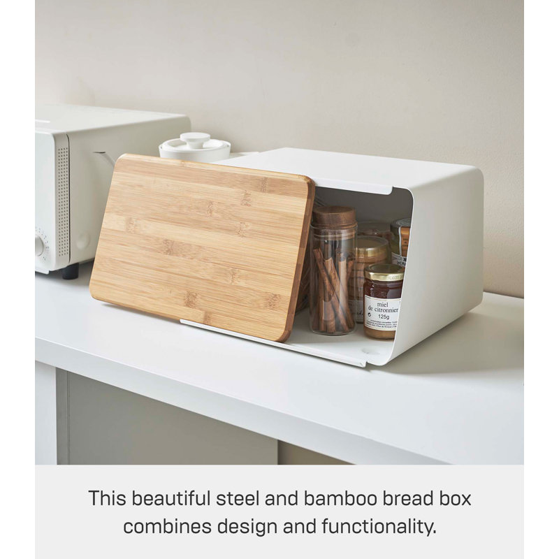 White Steel Bread Box with Bamboo Cutting Board Lid