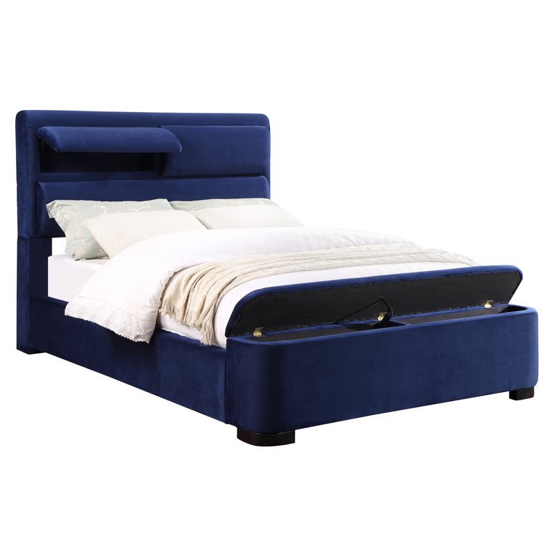 Grand lit tapissier en bois Demicah, Grand, Bleu marine