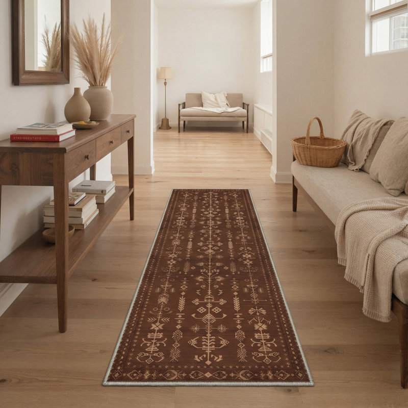 Nomadix Geometric Tribal Machine Washable Caramel Indoor Area Rug With Non-Slip Backing, Runner 2' x 6'
