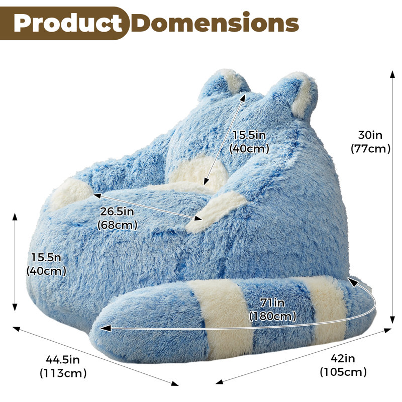 Raccoon Design Faux Rabbit Fur Bean Bag Chair with Detachable Tail Pillow, for Adults & Kids, Blue Faux Fur