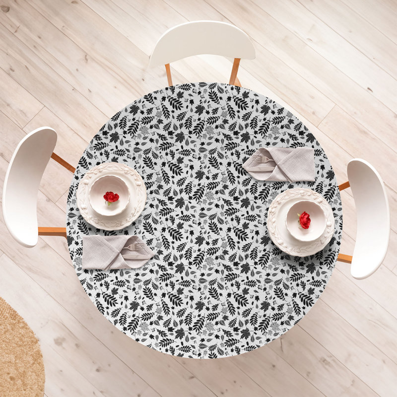 Mercer41 Leaves Fitted Round Tablecloth Diameter Black White, 64.17" Round