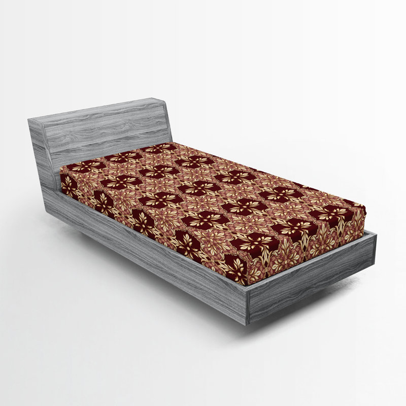 Ambesonne Nature Fitted Sheet Leaves Botanical Style Art, Twin Fitted Sheet, Maroon/Sand/Brown Floral