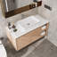 Meuble-lavabo flottant 36 po, meuble-lavabo mural en chêne doux avec lavabo vasque en céramique blanche, tablettes latérales ouvertes et rangement dissimulé, meuble de salle de bain suspendu moderne-673096856