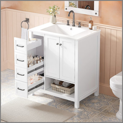 Meuble-lavabo 30 po avec comptoir, meuble-lavabo avec deux portes et deux tiroirs, bois massif, tablette ouverte, panneaux de fibres à densité moyenne, un paquet, blanc