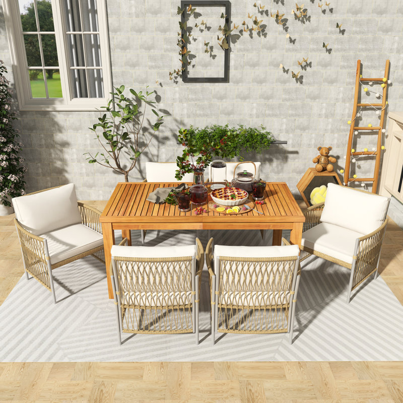 Ensemble de salle à manger 7 pièces pour terrasse avec chaises en rotin, 6