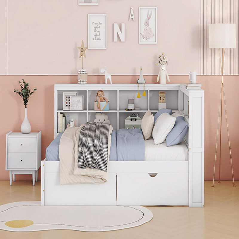Full Size Daybed, Wooden  With 2 Drawers, Daybed With Storage Shelf And USB Charging Ports, White, Full