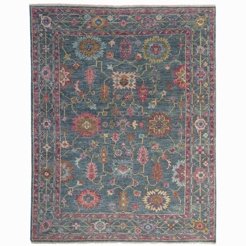 Elan Hand Knotted Wool Oriental Area Rug in Blue, Rectangle 9' x 12'