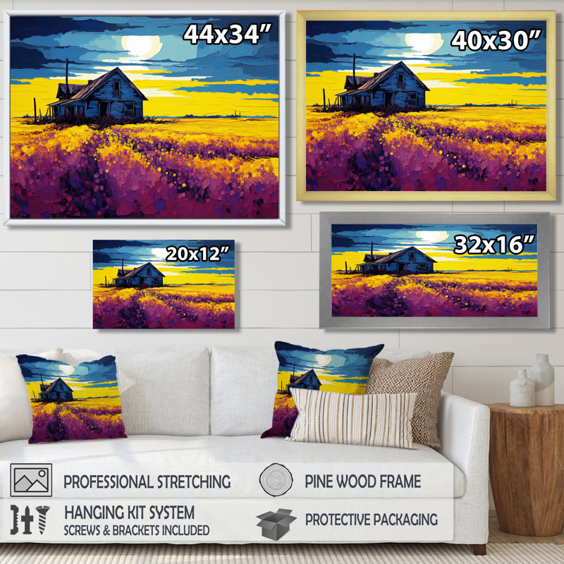 «White Country House Lavender Field Sunset», art mural paysage, Toile avec cadre flottant noir, H 12 po x l 20 po x P 1 po