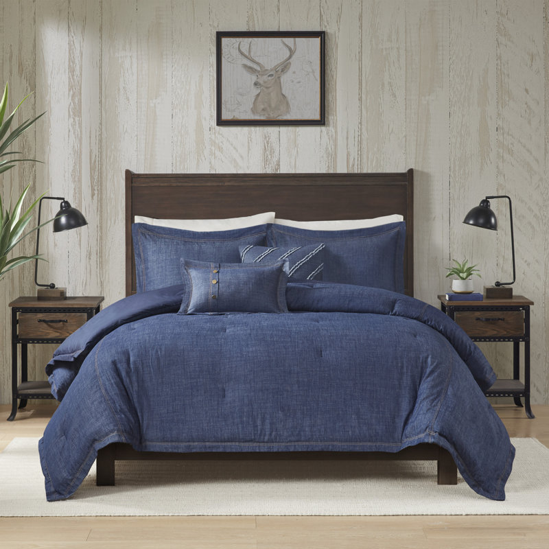 Blue Cotton King Bedspread Set with Button Detail