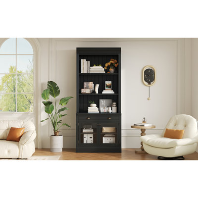 Bibliothèque de 83,4 po de hauteur, bibliothèque moderne avec 2 portes en verre et 1 tiroir, bibliothèque de rangement avec tablettes ouvertes pour le salon, le bureau personnel, noir