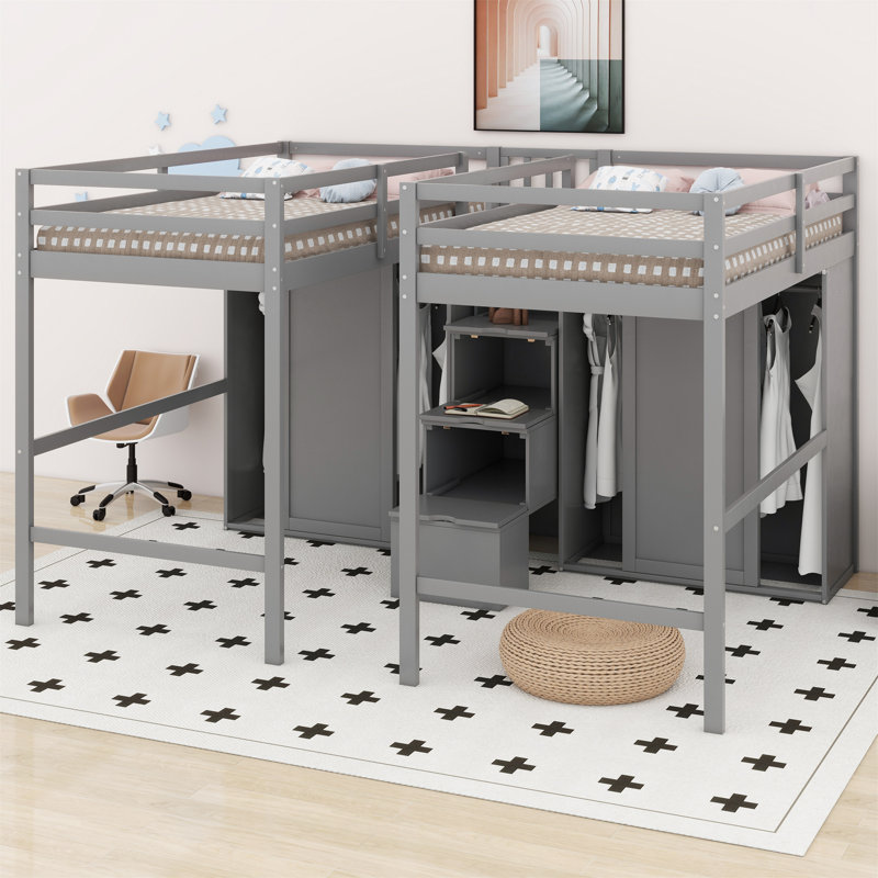 Lits mezzanine simple avec garde-robe et escalier Jaen, gris