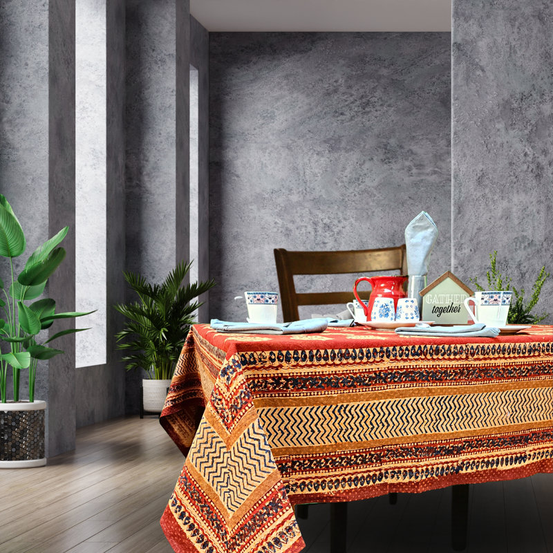 Cotton Block Print Geometric Tablecloth, 90" x 60"