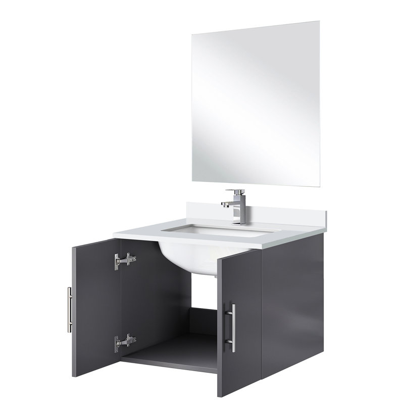 24 po L x P 22 po. Meuble-lavabo simple gris foncé, comptoir en quartz blanc, robinet et 18 miroirs