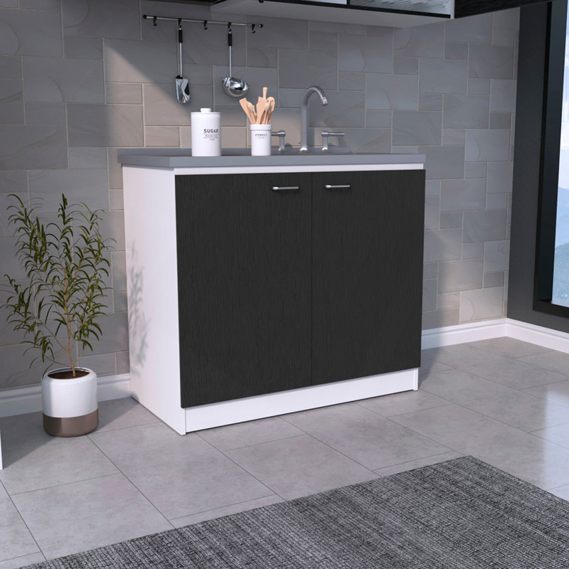 Évier autoportant, armoire à deux portes, deux tablettes, blanc / noir, Blanc/Noir