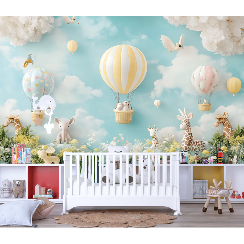 Hot Air Balloon Nursery Wallpaper – Cute Animal Jungle Theme With Giraffes, Elephants, And Clouds, Pastel Cartoon Wall Mural For Baby Room Or Kids Decor