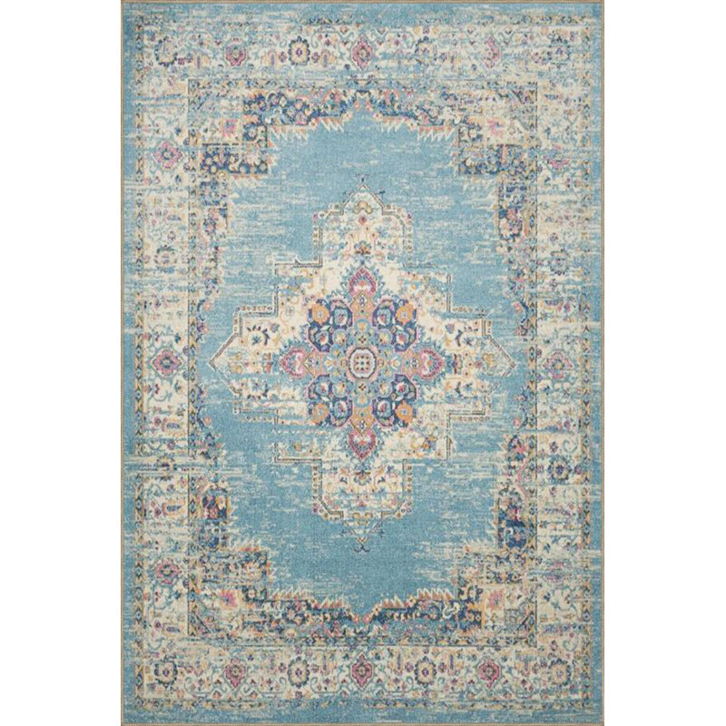Tapis décoratif tissé à motif géométrique bleu lavable, Sous-tapis carré 4 pi 11 po inclus