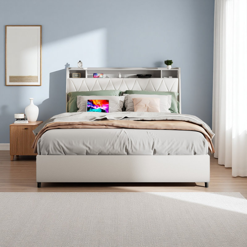 Queen Bed Frame With Ergonomic Headboard, Platform Bed Frame Queen Size With Outlets & Charger, Metal Bed Frame Queen Size With Storage Shelf, Noise-Free, No Box Spring Needed