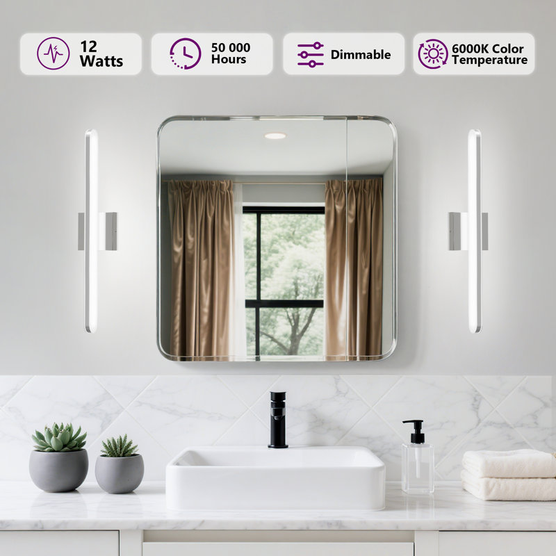  Barre d'éclairage de salle de bain 24 po à DEL à intensité variable, chrome moderne avec abat-jour en acrylique au-dessus d'un miroir pour les espaces de salle de bain, de chambre à coucher ou de meuble-lavabo