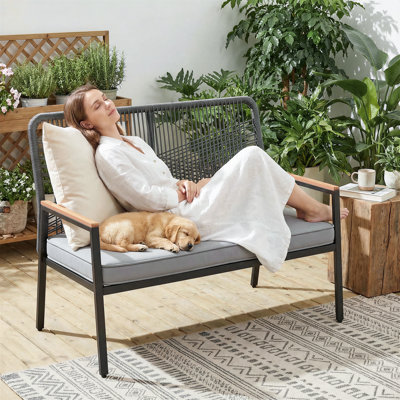  2-seat All-Weather Outdoor Bench, 500 Lbs Capacity, Wide Patio Rattan Love Seat Bench with 3.15in Thick Cushion, Ergonomic Curved Backrest, Wpc Armrest, for Garden, Balcony, Porch, Grey