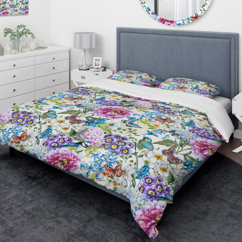 Ensemble de housse de couette en fleur d’oiseau designart, Housse de couette très grand + 2 taies décoratives