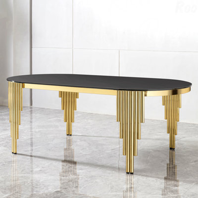 Table de salle à manger ovale en verre trempé avec base en acier inoxydable doré, sièges 6-8