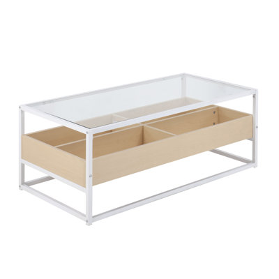Table basse contemporaine avec dessus en verre trempé, compartiments de rangement en bois naturel et structure en métal blanc