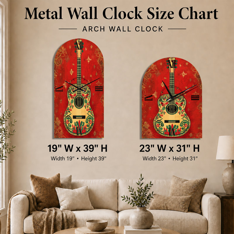 Guitare Mariachi aux couleurs folk II - Horloge murale bohème en métal arqué, H 31 po x l 23 po - Arche