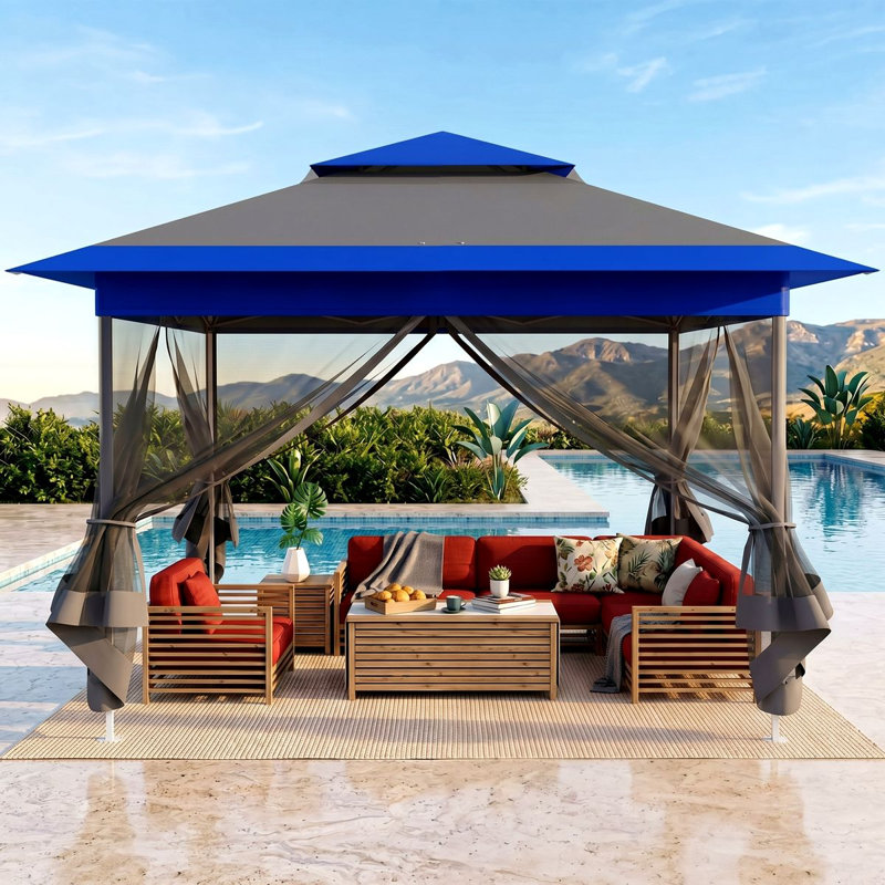 Pop Up Gazebo, Outdoor Instant Canopy Tent W/4 Netting Sidewall & Auto Extending Eave, Patio Gazebos Shelter W/Mesh Wall, Center Lock, Wheeled Bag For Garden, Yard, Party, Deck