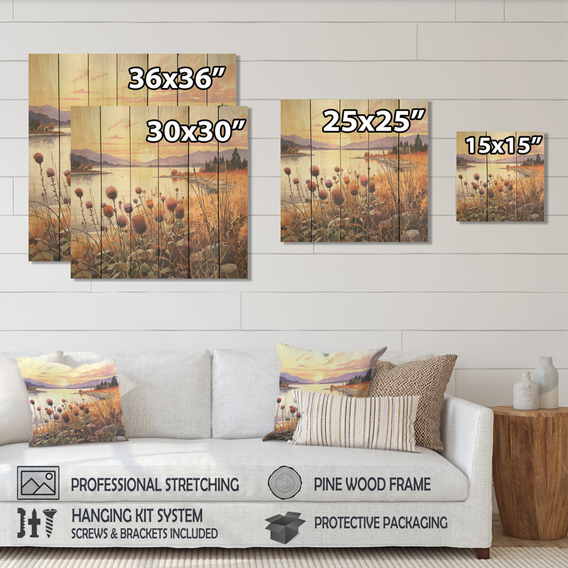 Summer Sunset Thistle Meadow - Thistle On Wood Print, 15" H x 15" W