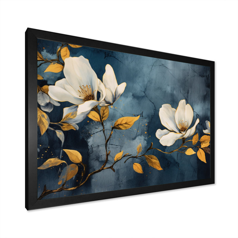 Jaune, gris, magnolia, nature, élégance II, H 30 po x l 40 po x P 1,5 po, Cadre photo noir