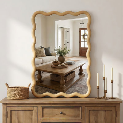 Miroir décoratif rectangulaire en bois massif ondulé de couleur chêne de 20 po x 30 po pour chambre à coucher, salle de bain, salon et entrée