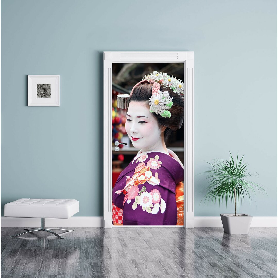 Anmutige Geisha mit Fächer Türaufkleber