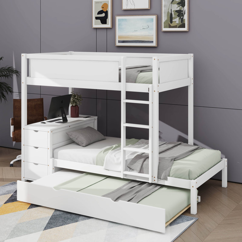 Un lit superposé avec un lit gigogne supplémentaire inclus, Lit superposé simple sur simple, Blanc