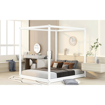 Queen Size White Platform Bed With Canopy And Support Legs - Clean Silhouette, Stable Support, Keeps Mattress Cool Fresh Mattress, Base