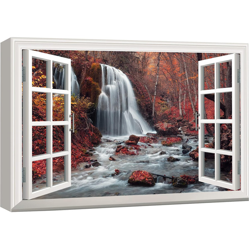 «Autumn Fall Landscape Red Autumn Forest Waterfall Nature Wilderness», reproduction sur toile, H 12 po x l 18 po x P 1,5 po