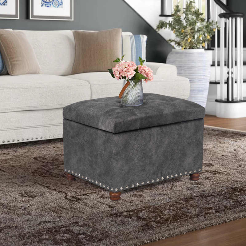 Gray Tufted Fabric Storage Ottoman with Nailhead Trim