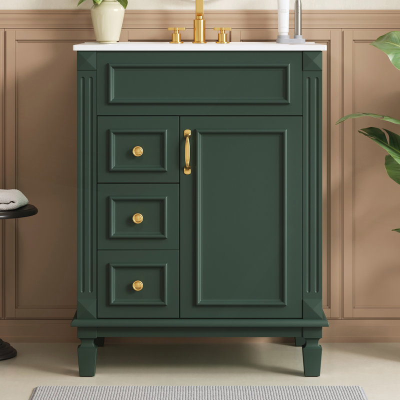 Meuble-lavabo 24 po avec lavabo en céramique, 2 tiroirs et tablette réglable pour les petits espaces, Vert