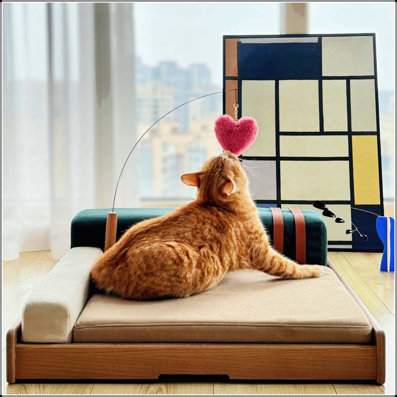 Lit pour animaux en bois moderne avec placage de chêne, tissu résistant aux égratignures et coussin amovible, 24.8, Wood