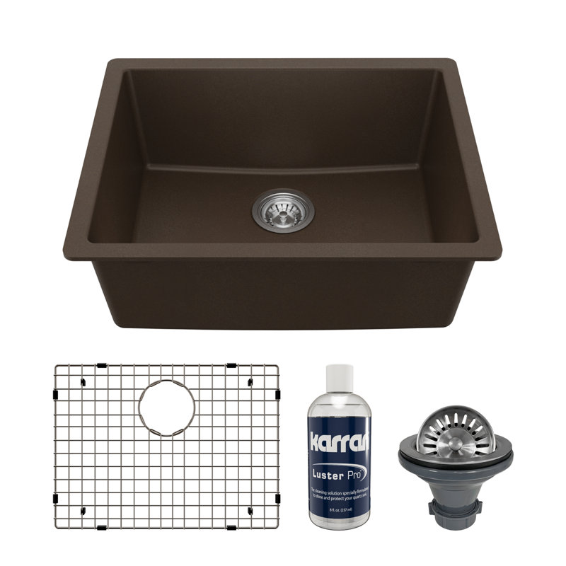 Karran Quartz 24-3/8'' X 19-1/8'' Single Bowl Undermount Kitchen Sink Kit, Brown