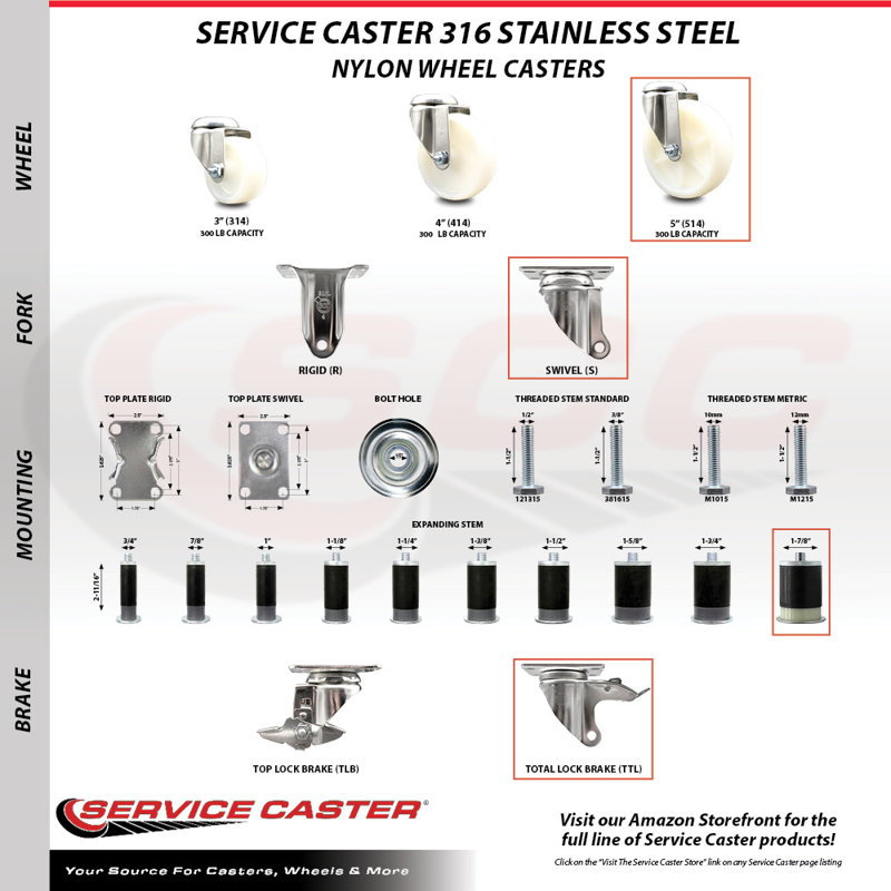 Swivel Stem Caster, 5" H x 5" W