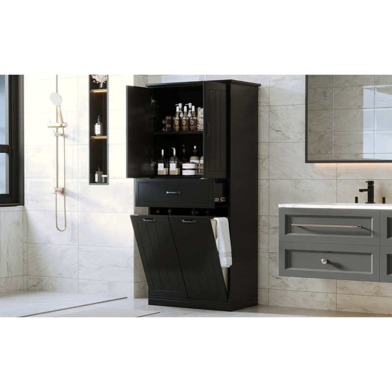 Bathroom Storage Cabinet With Two Laundry Baskets, Storage Cabinet With Doors And Drawer For Home, Black, Black