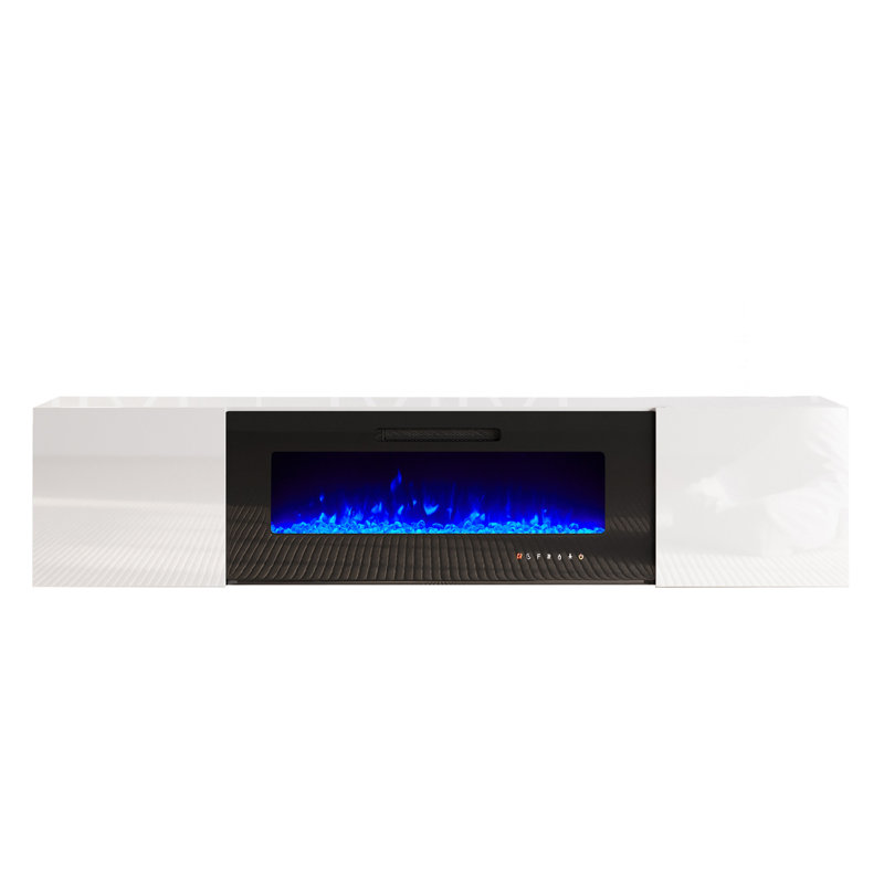 Bhhatu Highgloss Wall Mounted Floating Fireplace TV Stand, White, 80"