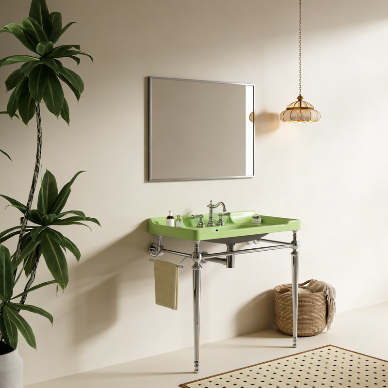 36" Bathroom Console Sink, Wall-Mounted Ceramic Vanity Basin with 3 Pre-drilled Faucet Holes, Freestanding Stainless Steel Support Legs with Towel Bar, No Fauce