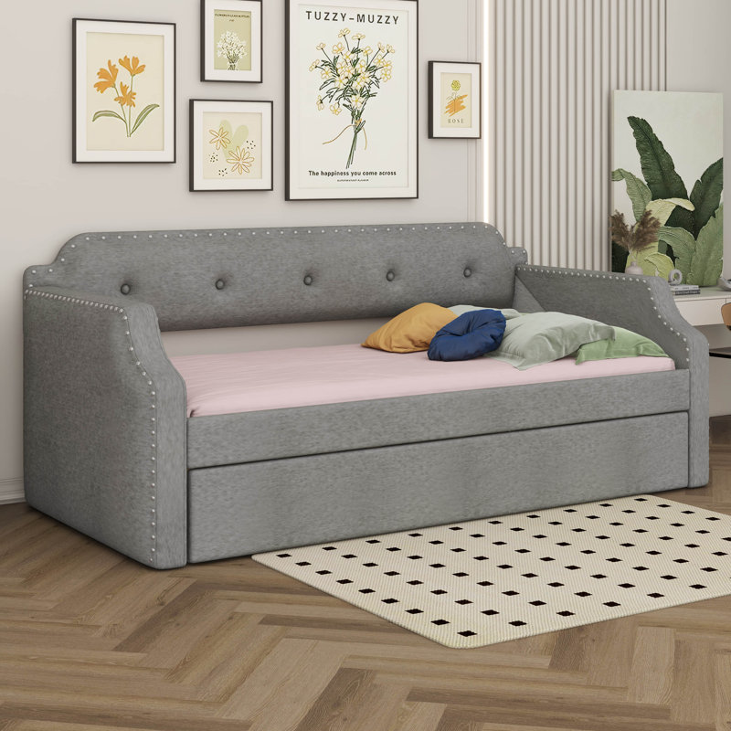 Twin Size Linen Upholstered Daybed With Trundle, Wooden Frame Armrests Bed W/Wood Slat Support, Arched Back & Nailhead Trim